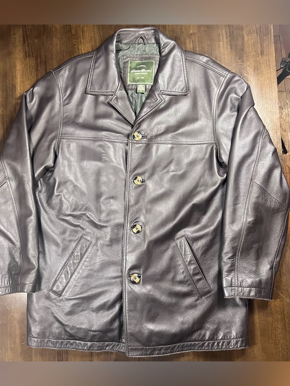 Eddie Bauer Vintage Brown Genuine Leather Insulated Quilted Car Coat Jacket XL